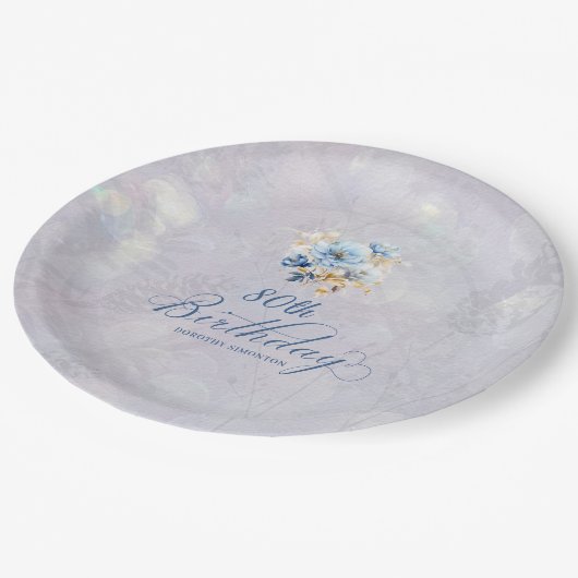 ブルーホワイトウォーター色フローラ80誕生日 ペーパープレート (アングル)