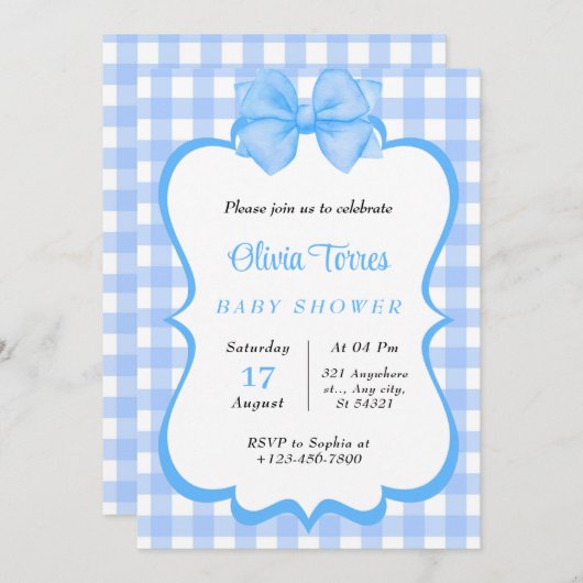 ブルーホワイトウォーター色ベビーシャワー招待状 招待状 (正面/裏面)