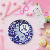 ブルーホワイトウサギ鳥フローラモノエレガントグラム ペーパープレート (パーティー)