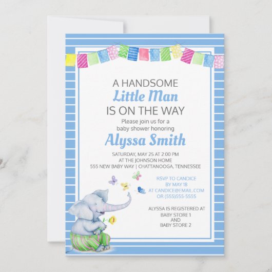 ブルーホワイトエレファント蝶男の赤ちゃんシャワー 招待状 (正面)