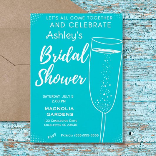 ブルーホワイトカクテルガラスバブリーブライダルシャワー 招待状