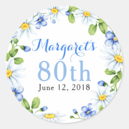 ブルーホワイトカントリーデイジーフローラ80誕生日 ラウンドシール