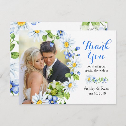 ブルーホワイトカントリーデイジー写真結婚の感謝 ポストカード (正面/裏面)