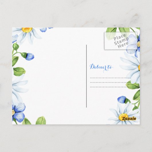 ブルーホワイトカントリーデイジー写真結婚の感謝 ポストカード (裏面)