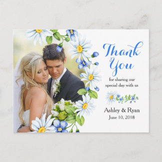 ブルーホワイトカントリーデイジー写真結婚の感謝 ポストカード