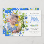 ブルーホワイトカントリーデイジー写真80誕生日 招待状 (正面/裏面)