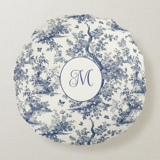ブルーホワイトガーデンバタフライトワフランスのイル ラウンドクッション (正面)