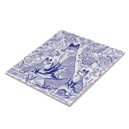 ブルーホワイトキツネファミリーアニマルアートファームハウスカントリー タイル (側面)