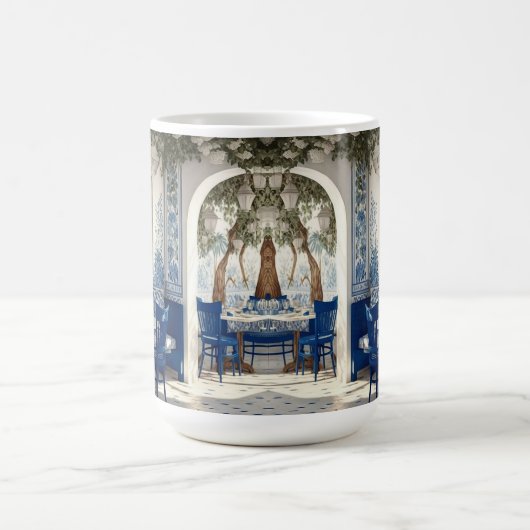 ブルーホワイトギリシャのレストランカフェ椅子のアーチ型ドア コーヒーマグカップ (中央)