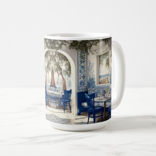 ブルーホワイトギリシャのレストランカフェ椅子のアーチ型ドア コーヒーマグカップ (正面右)