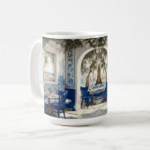 ブルーホワイトギリシャのレストランカフェ椅子のアーチ型ドア コーヒーマグカップ (正面左)