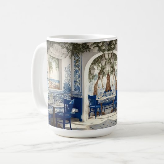 ブルーホワイトギリシャのレストランカフェ椅子のアーチ型ドア コーヒーマグカップ (正面左)