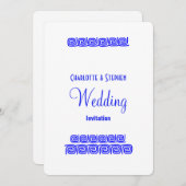 ブルーホワイトギリシャの蛇行鍵パーソナライズされた結婚ズ 招待状 (正面/裏面)