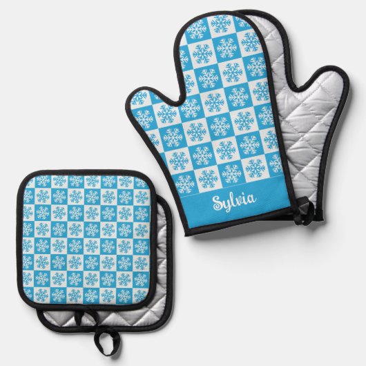 ブルーホワイトクリスマススノーフレーク名前をカスタムする 鍋つかみ&鍋敷きセット (正面/裏面)