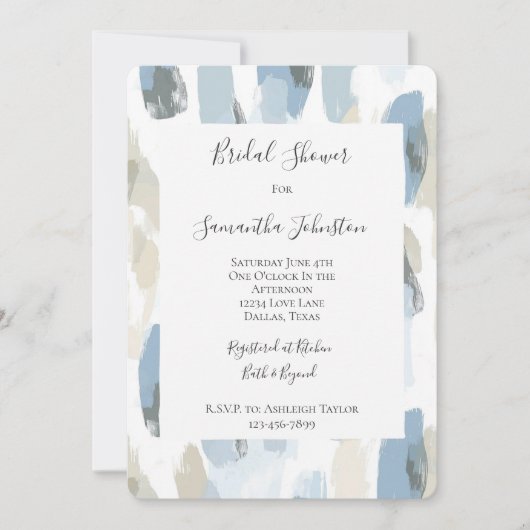 ブルーホワイトクリーム抽象芸術ブライダルシャワー 招待状 (正面)