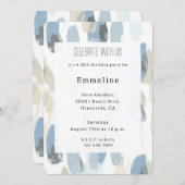 ブルーホワイトクリーム抽象芸術誕生日 招待状 (正面/裏面)
