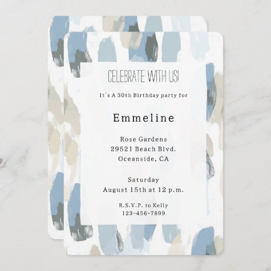 ブルーホワイトクリーム抽象芸術誕生日 招待状 (正面/裏面)