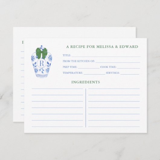 ブルーホワイトグリーンジンジャージャーブモノグラムレシピカード 招待状 (正面/裏面)