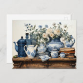 ブルーホワイトコーヒーポットクリーマー砂糖ガラス瓶 ポストカード (正面/裏面)