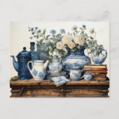 ブルーホワイトコーヒーポットクリーマー砂糖ガラス瓶 ポストカード (正面)