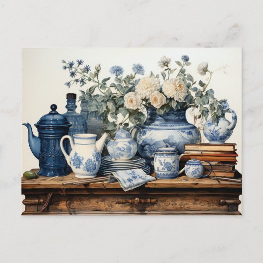 ブルーホワイトコーヒーポットクリーマー砂糖ガラス瓶 ポストカード (正面)