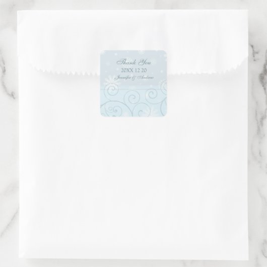 ブルーホワイトサンキューウィンターウェディングステッカー スクエアシール (バッグ)