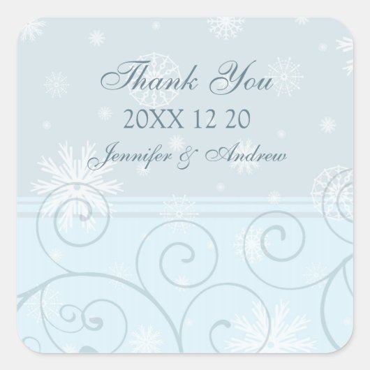 ブルーホワイトサンキューウィンターウェディングステッカー スクエアシール (正面)