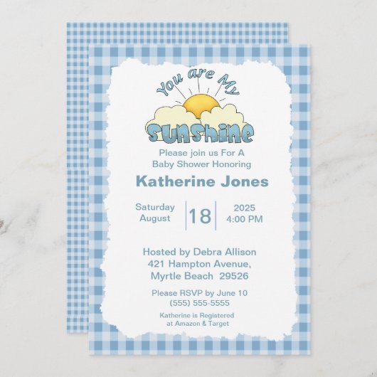 ブルーホワイトサンシャインベビーシャワー 招待状 (正面/裏面)