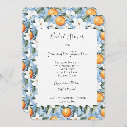 ブルーホワイトシチリアンサマーフローラブライダルシャワー 招待状 (正面/裏面)