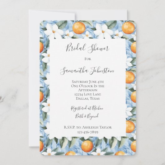 ブルーホワイトシチリアンサマーフローラブライダルシャワー 招待状 (正面)