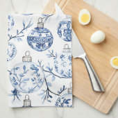 ブルーホワイトシックフローラクリスマスオーナメント キッチンタオル (四つ折り)