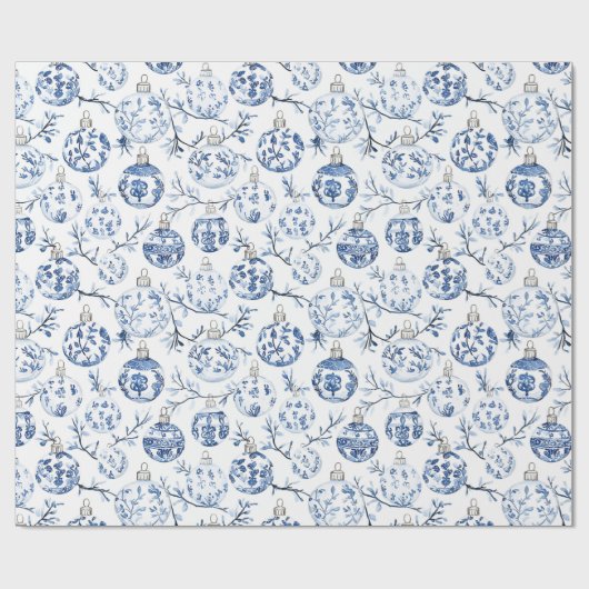 ブルーホワイトシックフローラクリスマスオーナメント ラッピングペーパー (フラット)