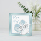 ブルーホワイトシューズブルーエレガント男の赤ちゃんシャワー 招待状 (スタンド正面)