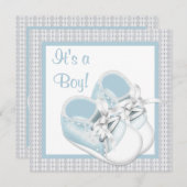 ブルーホワイトシューズブルーレース男の赤ちゃんシャワー 招待状 (正面/裏面)