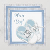 ブルーホワイトシューズブルーレース男の赤ちゃんシャワー 招待状 (正面/裏面)