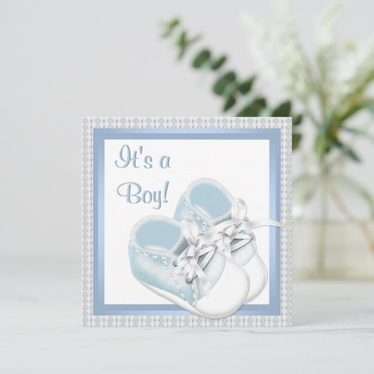 ブルーホワイトシューズブルーレース男の赤ちゃんシャワー 招待状 (スタンド正面)