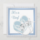 ブルーホワイトシューズブルーレース男の赤ちゃんシャワー 招待状 (正面)