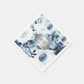 ブルーホワイトシルバーウィンターウェディングヴィンテージバラ スタンダードカクテルナプキン (角)