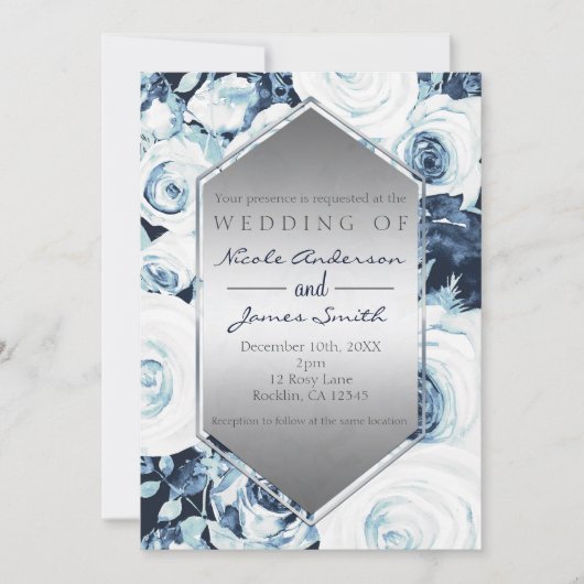 ブルーホワイトシルバーウィンターウェディングヴィンテージバラ 招待状 (正面)