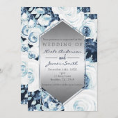 ブルーホワイトシルバーウィンターウェディングヴィンテージバラ 招待状 (正面/裏面)