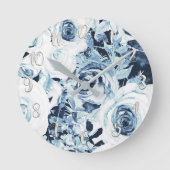 ブルーホワイトシルバーウィンターシャビーシックヴィンテージバラ ラウンド壁時計 (正面)