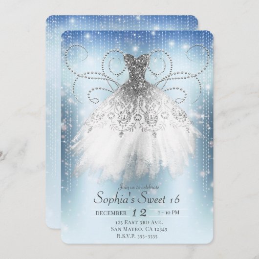 ブルーホワイトシルバープリンセスドレススウィート16パーティー 招待状 (正面/裏面)
