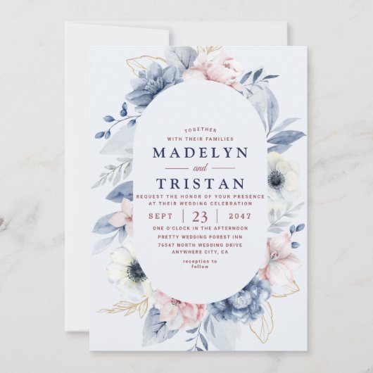 ブルーホワイトシンプルフローラミニマル結婚リスト 招待状 (正面)