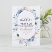 ブルーホワイトシンプルフローラミニマル結婚リスト 招待状 (スタンド正面)