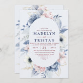 ブルーホワイトシンプルフローラミニマル結婚リスト 招待状 (正面/裏面)