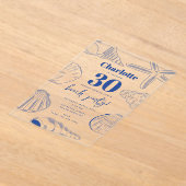 ブルーホワイトシーシェルビーチサマーバースデーパーティー アクリル招待状 (レイダウン)