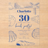 ブルーホワイトシーシェルビーチサマーバースデーパーティー アクリル招待状 (正面)