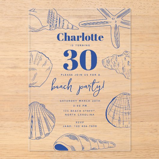 ブルーホワイトシーシェルビーチサマーバースデーパーティー アクリル招待状 (正面)