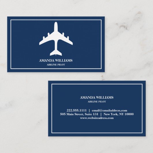 ブルーホワイトジェット機航空機パイロット 名刺 (正面/裏面)