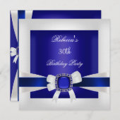 ブルーホワイトジュエルボウ30th誕生日パーティーシルバー 招待状 (正面/裏面)